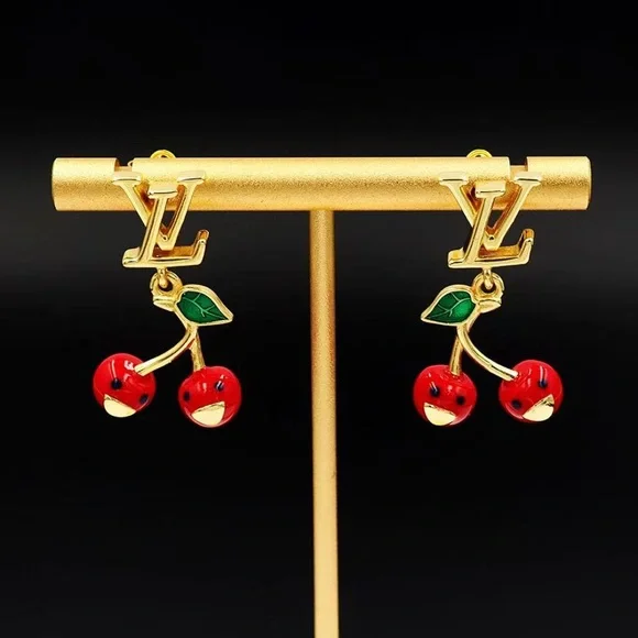 Louis Vuitton Gold Earrings with Red Cherries - Picture 4 of 9